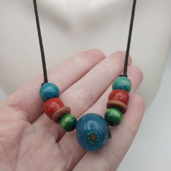 Wooden Aztec tribe necklace colorful statement jewelry - Picture 2 of 2